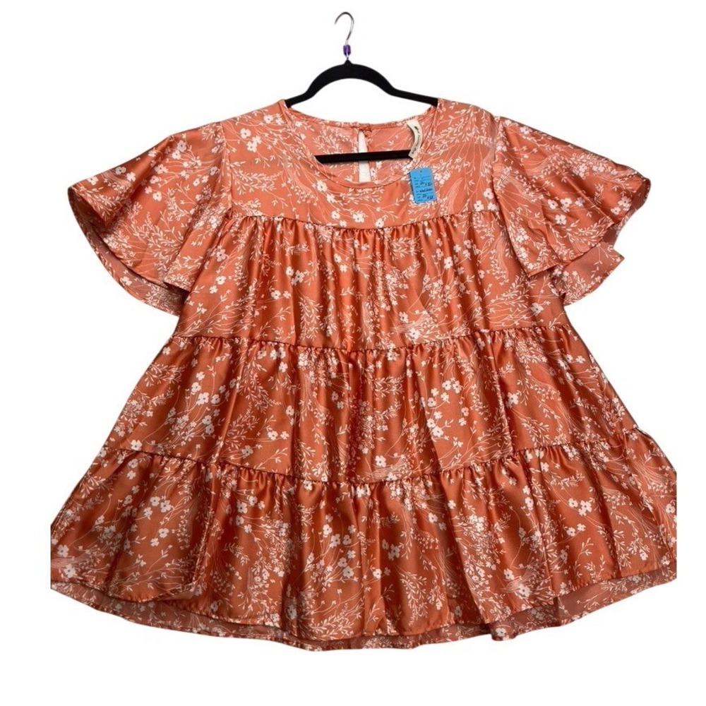 Vanilla Bay Womens 3X Rust Orange Floral Tiered Babydoll Top VT28391PLUSGG - Picture 1 of 7